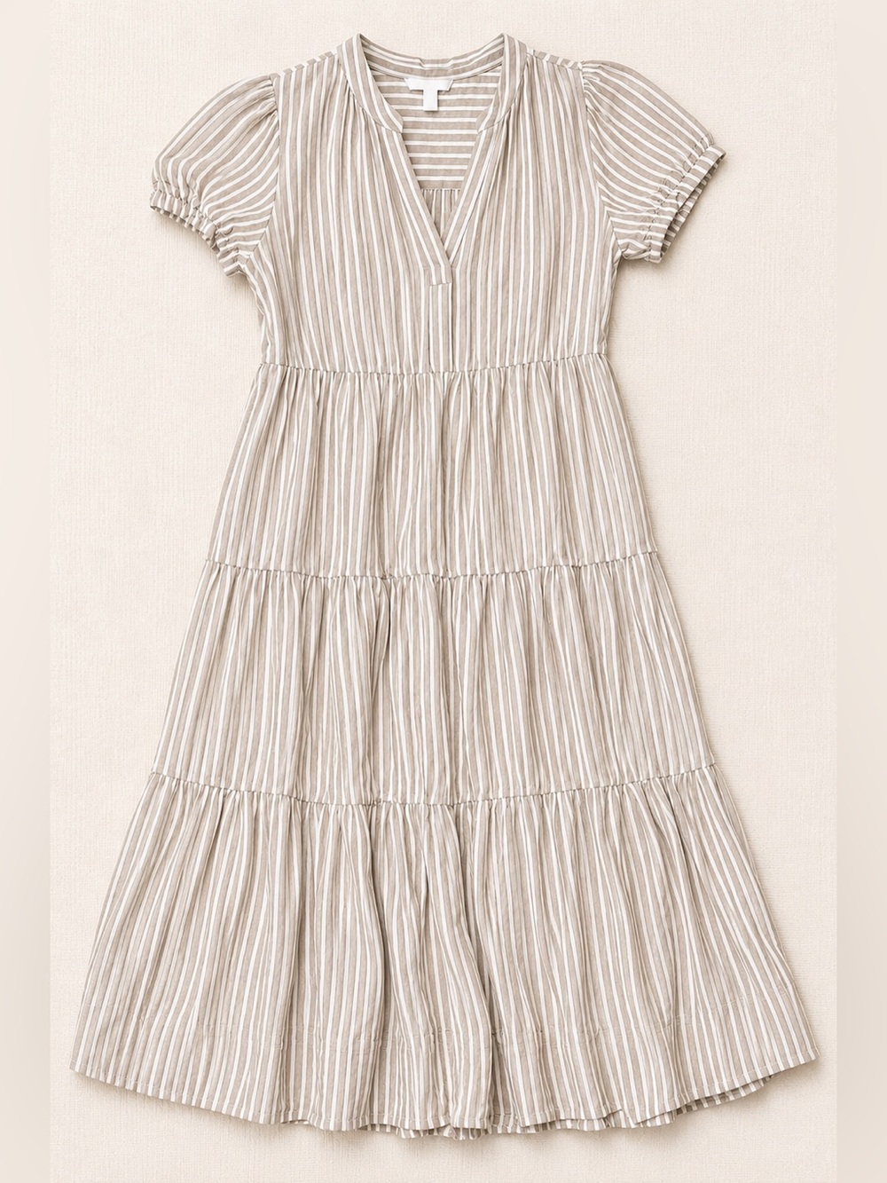 Cynthia Rowley Beige & White Striped Tiered Midi Dress